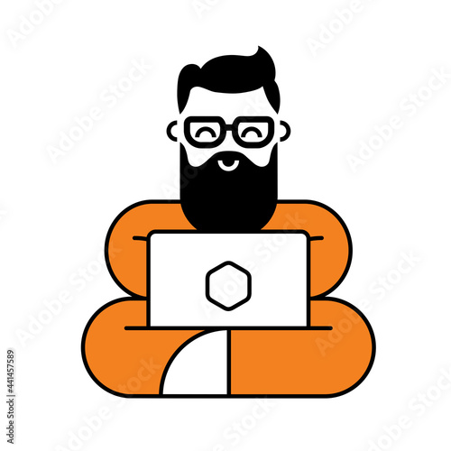 A computer guru in an orange suit with glasses and a beard is sitting in a yoga pose. Logo, mascot or icon in flat style.