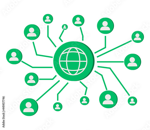 Connected people as social community networking worldwide tiny person concept. Linking business contacts online in social media vector illustration. Cooperation and teamwork using internet connection.