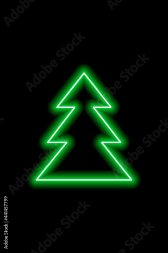 Simple green neon shape of a Christmas tree on a black background