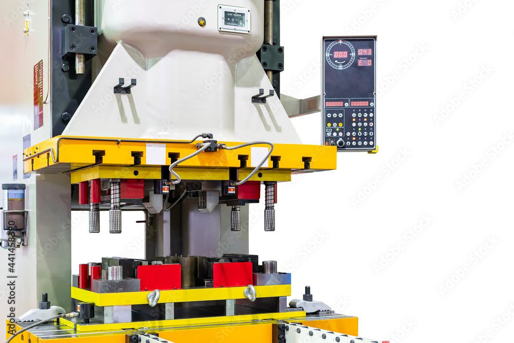 Automatic hydraulic press stamping machine with press mold or die fixture for metal sheet forming in manufacturing process in industrial isolated with clipping path Automatic hydraulic press stamping machine with press mold or die fixture for metal sheet forming in manufacturing process in industrial isolated with clipping path