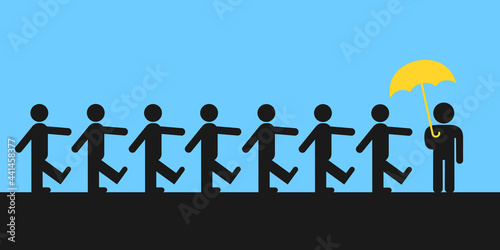 Tour guide - man with umbrella is leading crowd of tourists, visitors and sightseers. Organized tourism, vacation and holiday. Vector illustration.