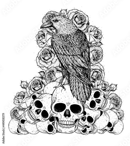 Black raven sits on the skulls. Skull, raven and roses hand drawn illustration. Tattoo vintage print. Skull hand drawn print. Tattoo design. Pile of skulls, flowers and raven.