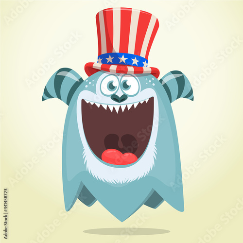 Cartoon funny monster wearing Amirican uncle Sam hat on USA Independence Day . Vector illustration of alien creature character © drawkman