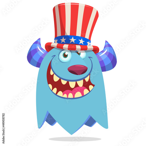 Cartoon funny monster wearing Amirican uncle Sam hat on USA Independence Day . Vector illustration of alien creature character © drawkman
