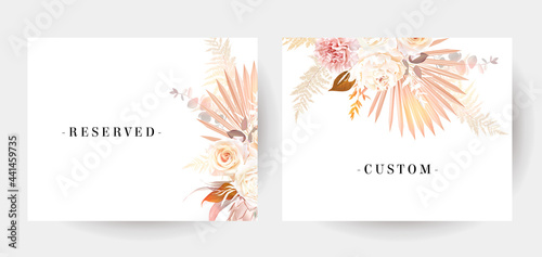 Trendy dried palm leaves, blush pink and rust rose, pale protea, white peony