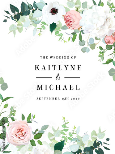 Floral vector banner vertical invitation frame with pink rose, hydrangea, eucalyptus