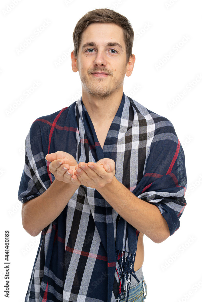 Young handsome tall slim white man with brown hair is smiling and begging with scarf over his body isolated on white background Young handsome tall slim white man with brown hair is smiling and begging with scarf over his body isolated on white background