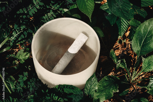 Crystal quartz singing bowl in a forest Buddha and meditation Horizontal photo
