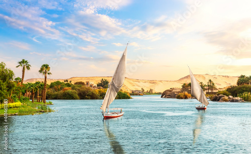 Aswan in Egypt, beautiful Nile view with sailboats
