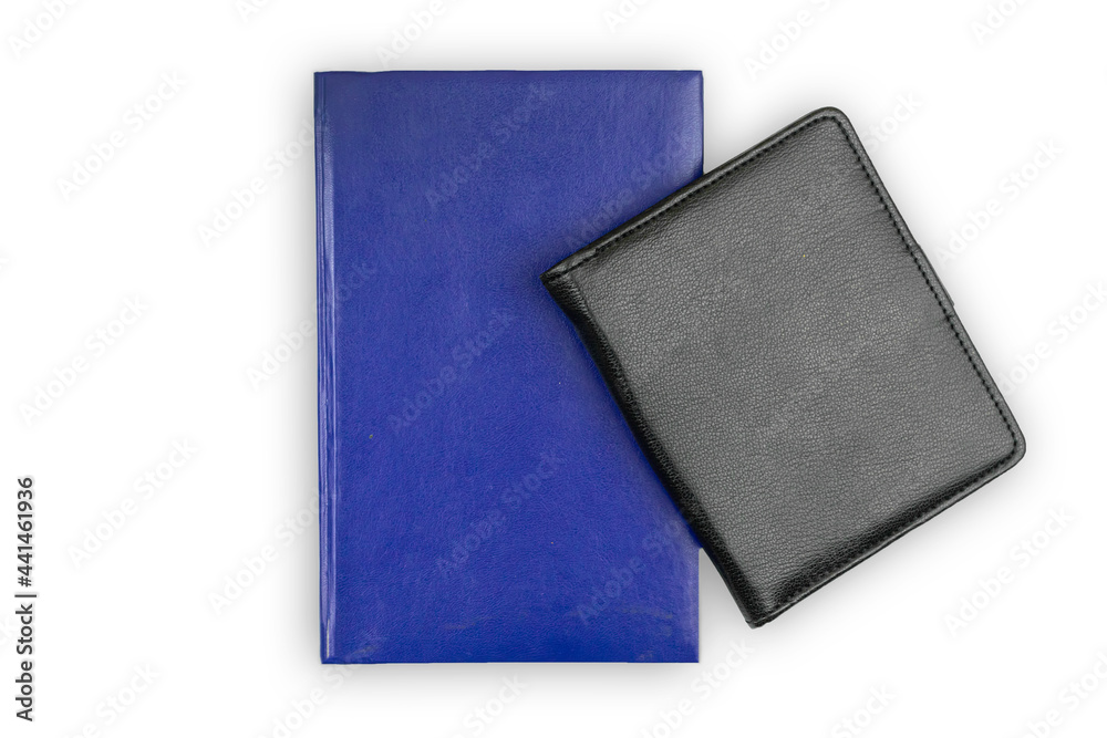 Fototapeta premium Leather notebooks on white isolated background, top view, mockup and copy space photo