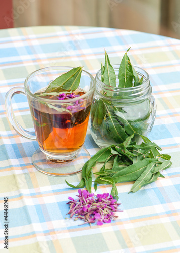 Cup of Fireweed herbal tea, fresh fireweed flowers and leaves.