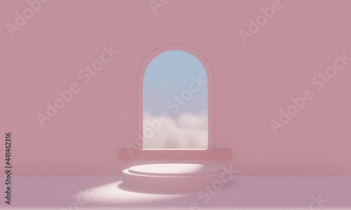 3d soft pink podium near the window and clouds in it. Blank product stage.