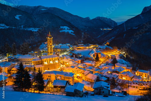 Vilminore di Scalve village after snowfall, Bergamo, Lombardy, Italy