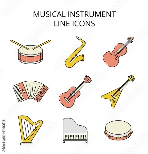musical instruments. set of colored vector icons in flat style