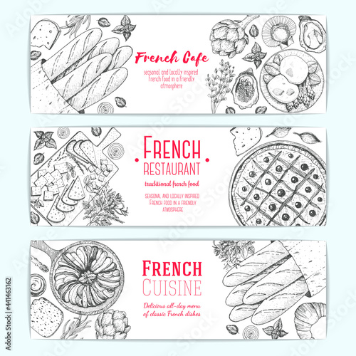French food design template. Vertical banners set. Vector illustration with poached eggs, bakery, cheese, ratatouille, pissaladier. French Cuisine restaurant menu. Hand drawn sketch vector banners.