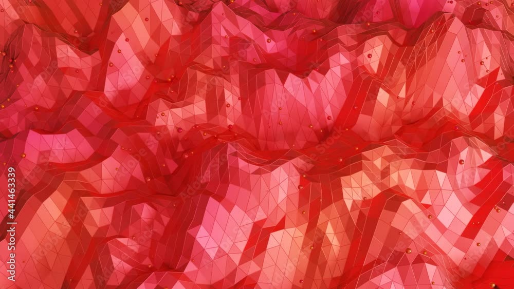 smooth wave deformable low poly surface with red spheres. abstract loop background. 3d render smooth wave deformable low poly surface with red spheres. abstract loop background. 3d render