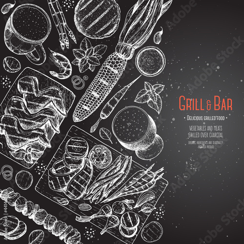 Grilled meat and vegetables poster. Vector illustration. Engraved design. Hand drawn illustration. Grill restaurant menu design template.