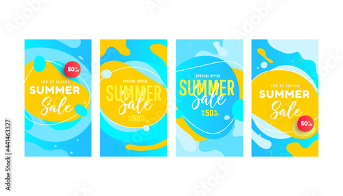 Summer sale editable template set with fluid liquid elements and bubble forms for social networks stories, banner, flyer, invitation, poster, website or greeting card.