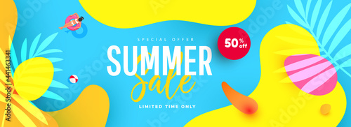 Summer sale 50 off vector illustration with tropical leaves, bubble forms and beach accessories pattern background. Promotion banner for website, flyer and poster. Vector illustration