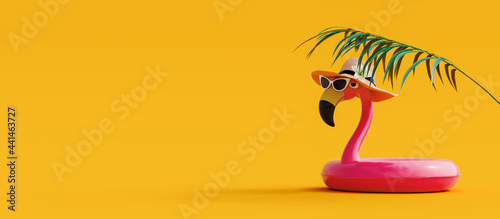 Pink flamingo with sunglasses and hat under palm leaf on yellow summer background 3D Rendering, 3D Illustration