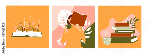 Poster or invitation cards for reading club. Set of illustrations with books, cup and botanical elements. Editable vector illustration for social media post. 