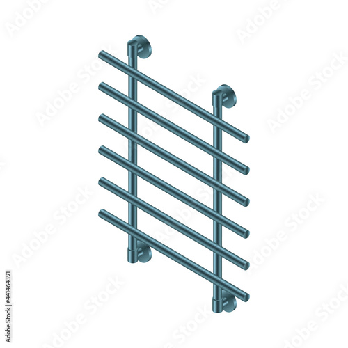 Vector illustration heated towel rail isolated on white background. Realistic metal coil pipe icon in flat cartoon style. Modern iron bathroom central heating radiator. Shiny towel rack for bathroom.