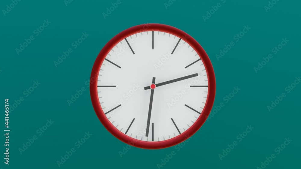 round clock with a red case with rotating hands on a turquoise background. looped animation. 3d render round clock with a red case with rotating hands on a turquoise background. looped animation. 3d render