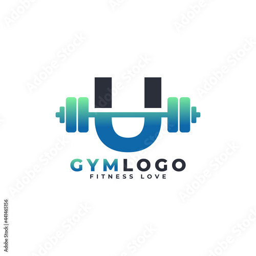 Letter U Logo With Barbell. Fitness Gym logo. Lifting Vector Logo Design For Gym and Fitness. Alphabet Letter Logo Template