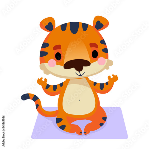 The baby tiger cub sits in a yoga pose on the mat. Animal sports. Vector illustration in cartoon childish style character. Isolated funny clipart on a white background. Cute print