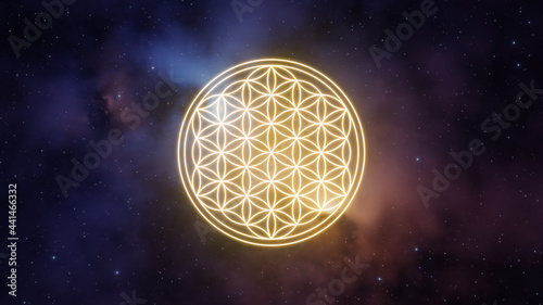 Fototapeta Naklejka Na Ścianę i Meble -  Flower of life symbol in yellow color on a background of the universe with nebulae