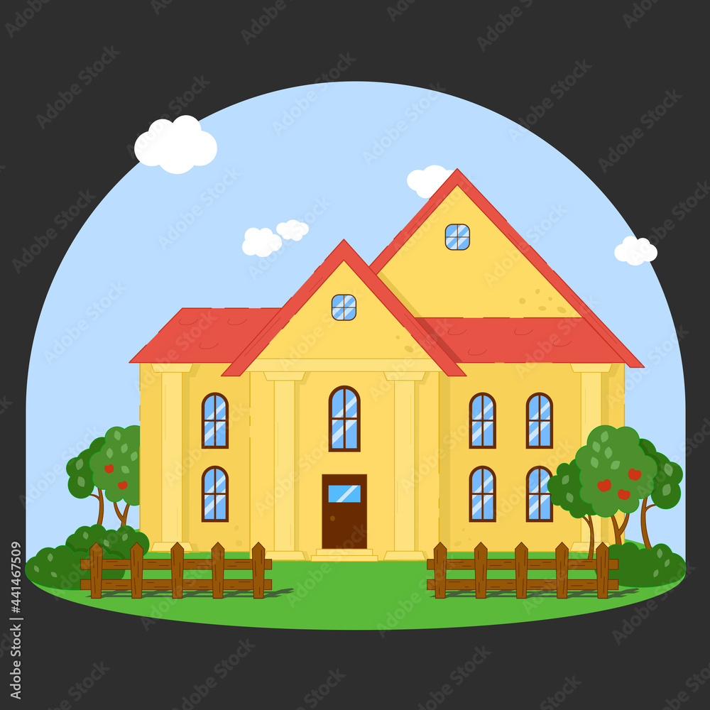 Yellow house with red roof, brown fence, lawn and apple trees