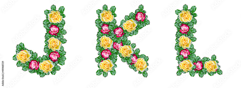 The letters J, K, L are made of red and yellow roses with green leaves The letters J, K, L are made of red and yellow roses with green leaves