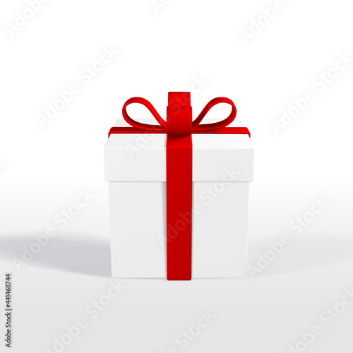 3D render realistic gift box with red bow. Paper box with red ribbon and shadow isolated on white background. Vector illustration