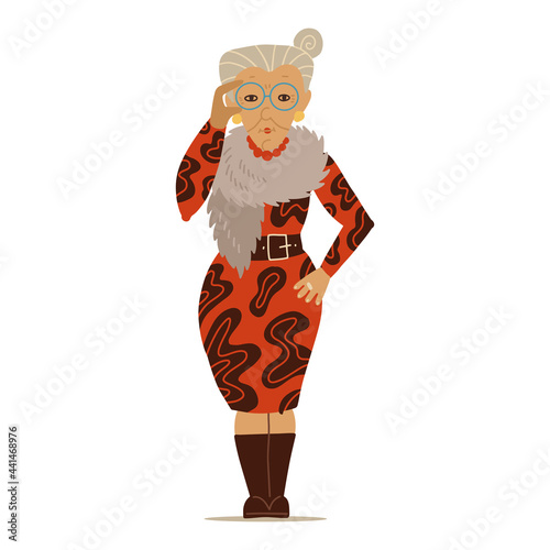 Aduld senior confident Lady. Bright clothing and accessories. Old and mature woman standing in trendy clothes. Modern fashion look. Hand drawn Flat Vector illustration. Bright dress with fur.