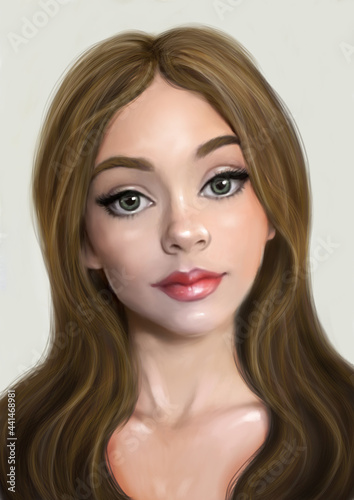Portrait of a young woman in oil painting style. The portrait is totally fictitious