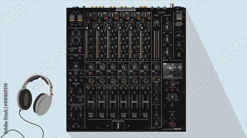 Realistic top-end modern DJ mixer in vector. Multi-channel device. Material for playbill and poster. EQ faders and buttons. Equipment type DJM V10. Themes of night clubs. To be applied to T-shirt. 
