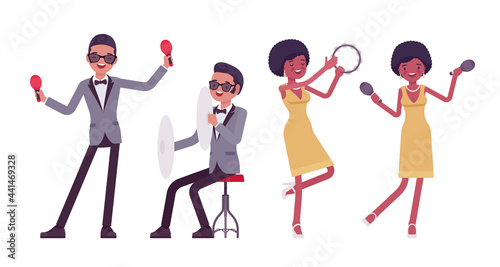 Musician, rock and roll performers, man, woman playing percussion instruments. Blues band or pop music artists accompaniment. Vector flat style cartoon illustration isolated on white background