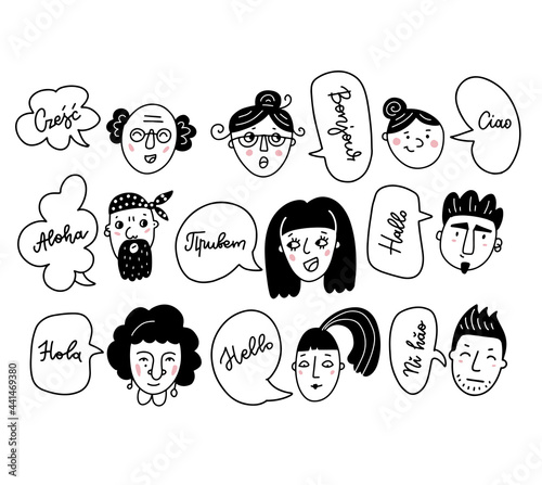 Multiethnic men and women saying hello in different languages. Diverse people of different ages greet you . International friendship set. Doodle vector illustration of many faces.
