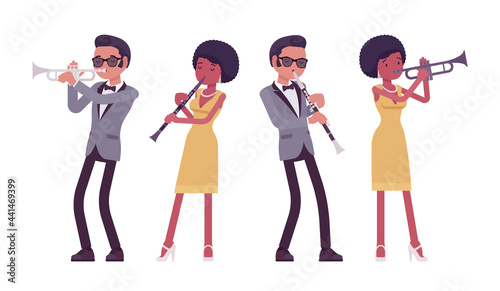 Musician, rock and roll performers man, woman playing clarinet, trumpet. Blues band or pop music artists instrumental accompaniment. Vector flat style cartoon illustration isolated on white background