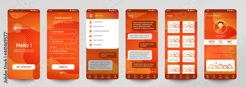 Design of mobile app Chat room, UI, UX, GUI. Set of user registration screens with login and password input, account sign in, sign up, home page. Modern Style. Minimal Application. UI Design Template