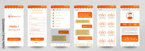 Design of mobile app Chat room, UI, UX, GUI. Set of user registration screens with login and password input, account sign in, sign up, home page. Modern Style. Minimal Application. UI Design Template