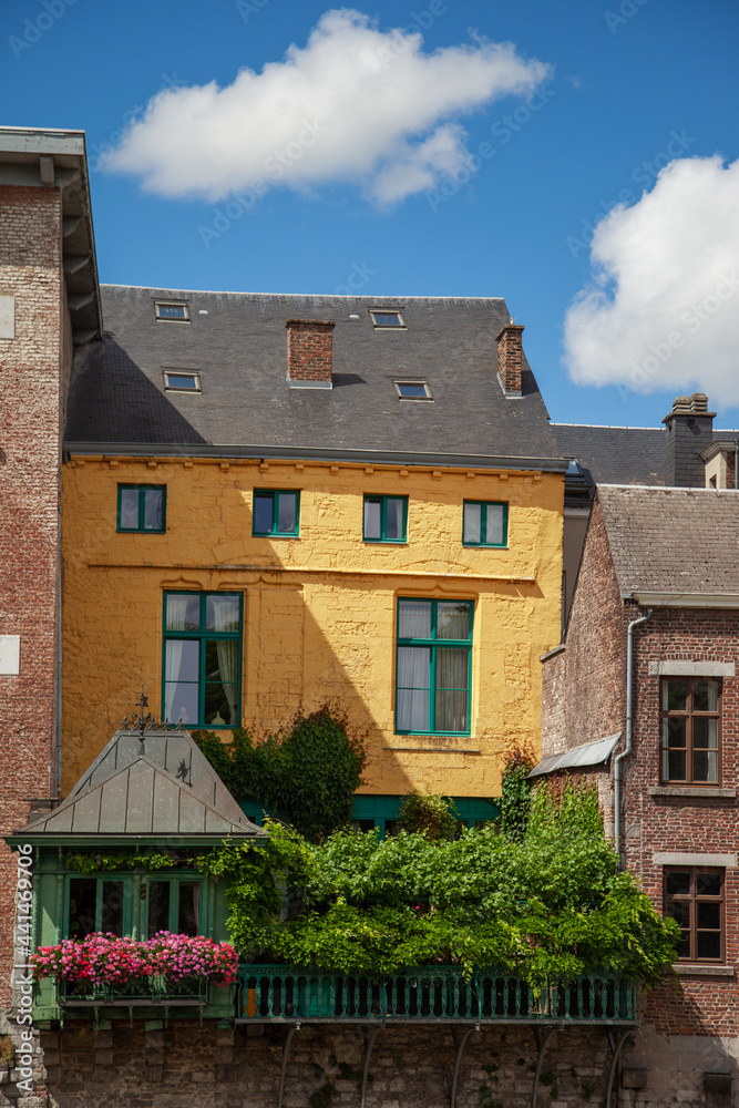 Maison en brique jaune située au centre ville de Namur, Belgique, avec une terrasse avec des arbustes et des fleurs Maison en brique jaune située au centre ville de Namur, Belgique, avec une terrasse avec des arbustes et des fleurs
