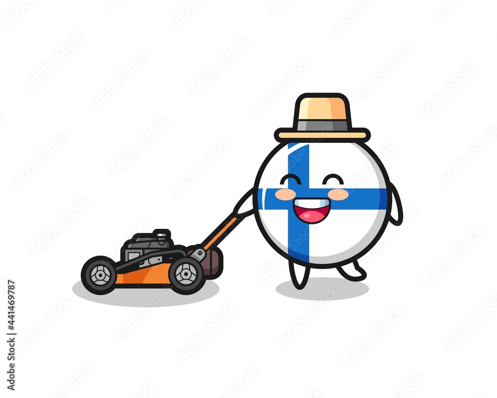 illustration of the finland flag badge character using lawn mower