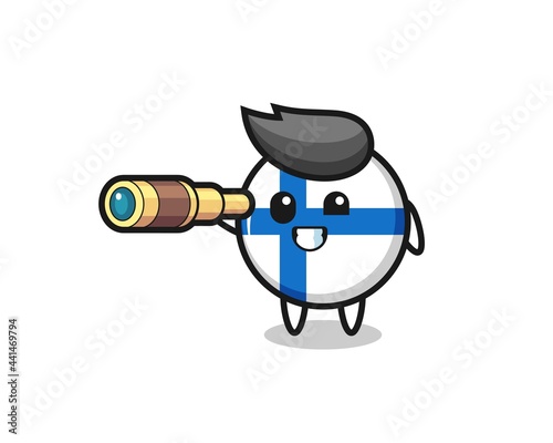 cute finland flag badge character is holding an old telescope