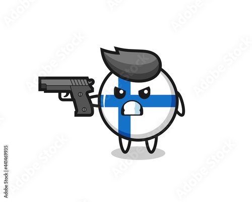 the cute finland flag badge character shoot with a gun