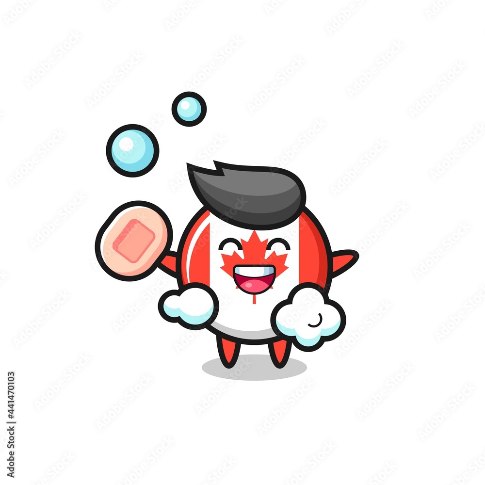 canada flag badge character is bathing while holding soap