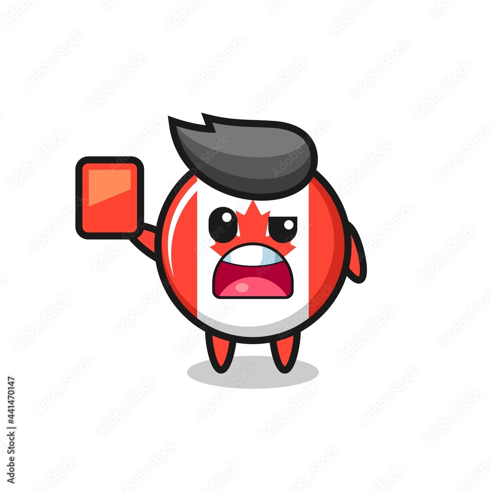 canada flag badge cute mascot as referee giving a red card canada flag badge cute mascot as referee giving a red card