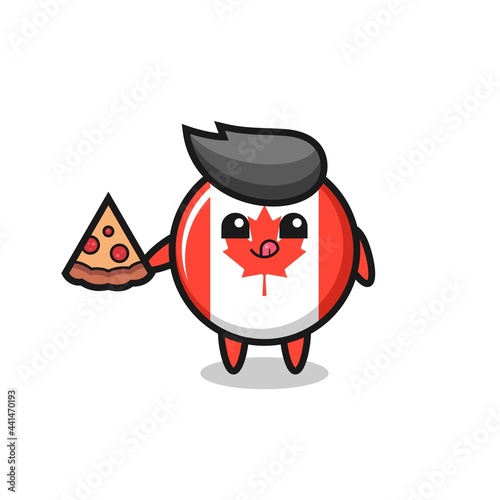 cute canada flag badge cartoon eating pizza