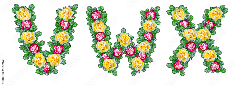 The letters V, W, X are made of red and yellow roses with green leaves The letters V, W, X are made of red and yellow roses with green leaves