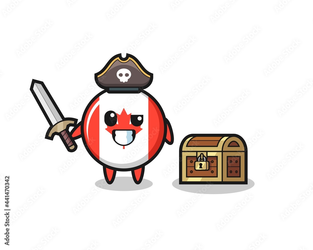 Fototapeta premium the canada flag badge pirate character holding sword beside a treasure box